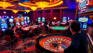 PH222 players celebrating wins at a lively casino with roulette and slot machines.
