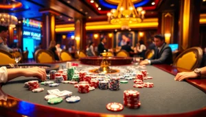 Engaging players at a Nhà Cái BJ888 gaming table with colorful chips and cards.