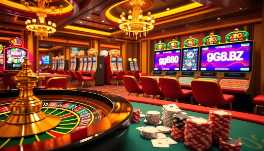 Exciting gambling scene highlighting gg88.bz with poker chips and vibrant slot machines.