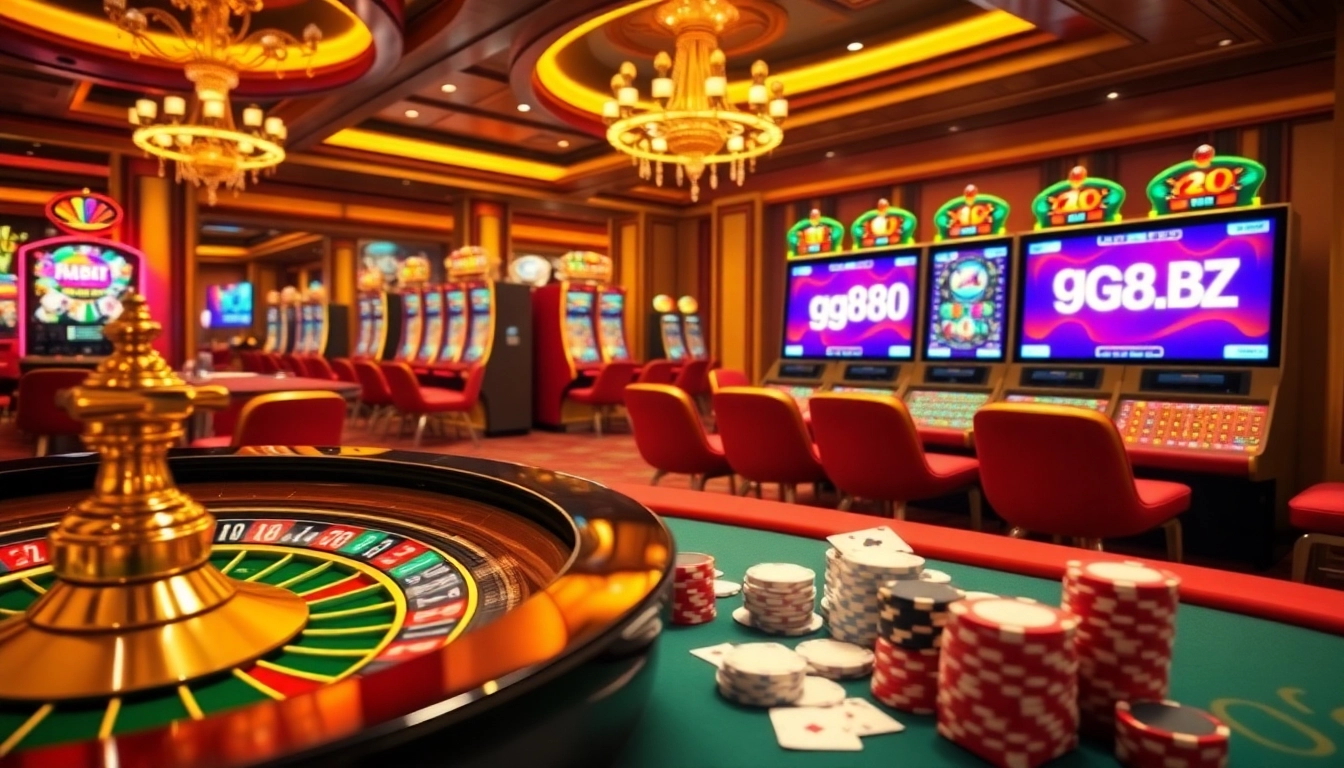 Exciting gambling scene highlighting gg88.bz with poker chips and vibrant slot machines.