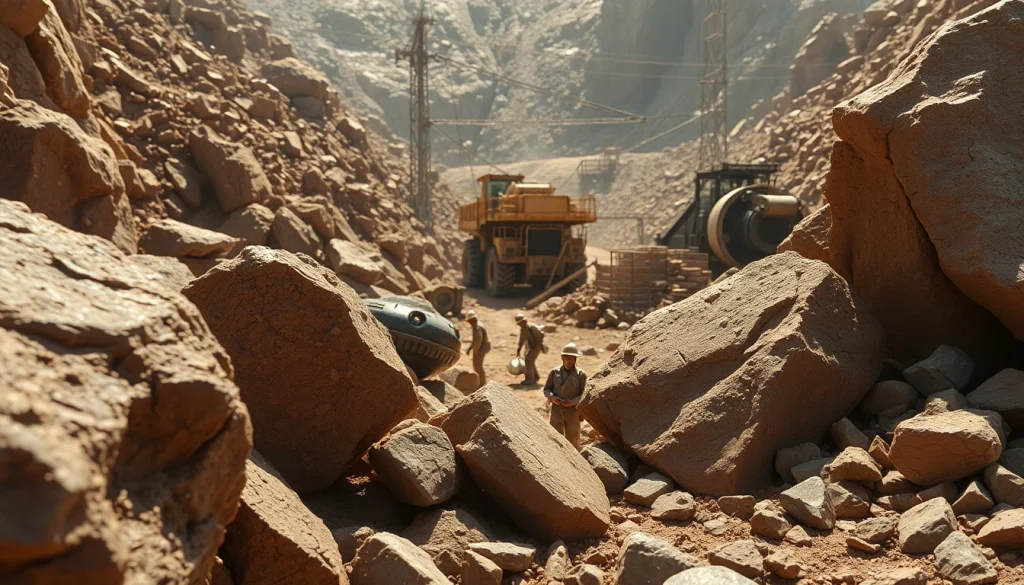 Miners extracting ore in a bustling mining environment showcasing various minerals.