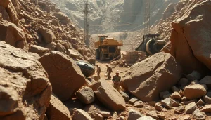 Miners extracting ore in a bustling mining environment showcasing various minerals.