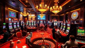 UU88 casino scene showcasing vibrant tables, illuminated slot machines, and thrilling players in action.