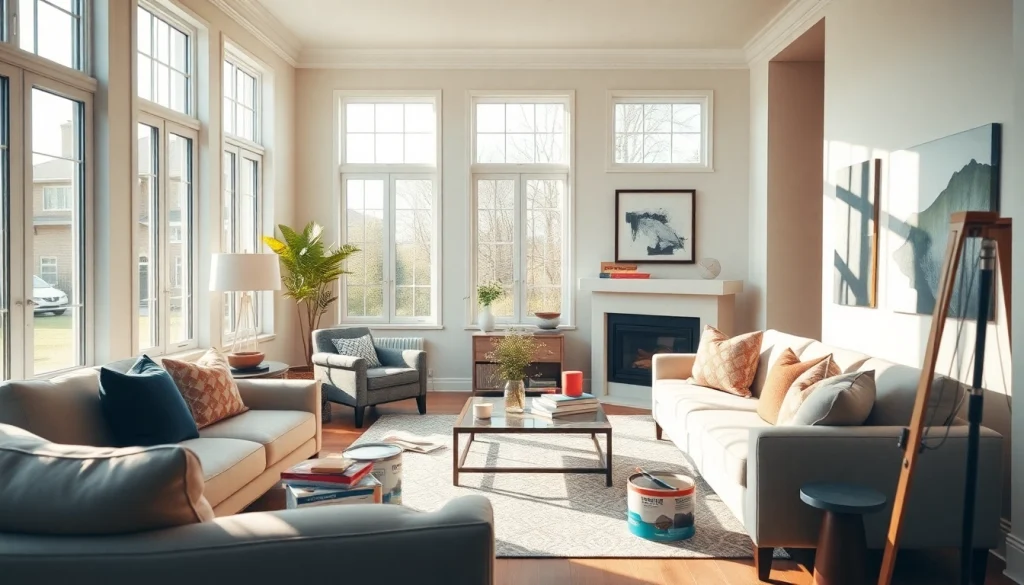 Home renovation project showcasing a beautifully remodeled living room with modern decor.