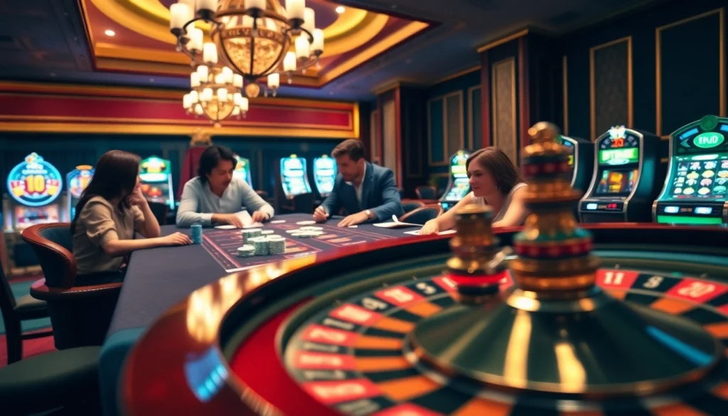 Experience the thrill of gaming at Trang Chủ QQ88 with a vibrant casino scene featuring poker and roulette.
