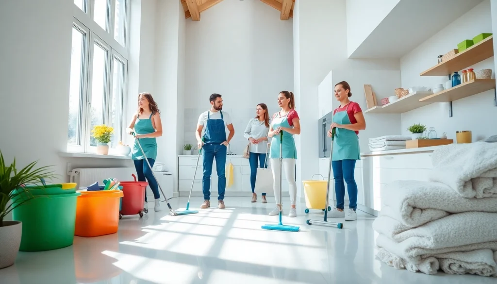 Highlight the professional cleaning service team in a bright home, showcasing their expertise and tidy environment.