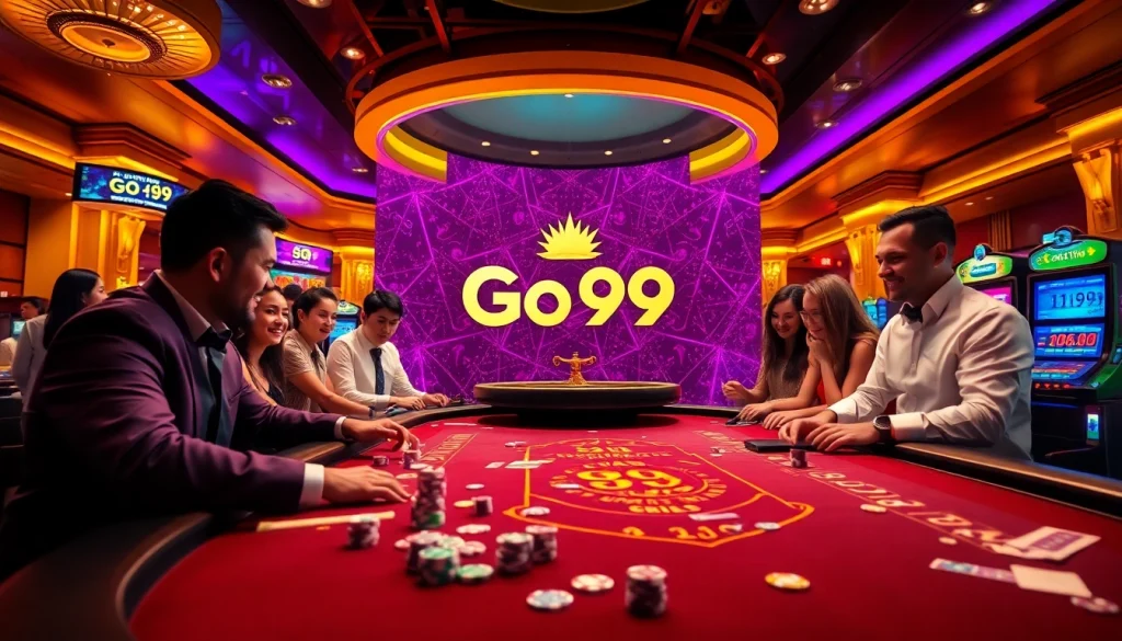 Excited players engaging in high-stakes games at Go99's luxurious online casino environment.