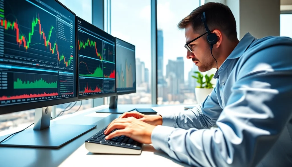 Engaged trader analyzing market data using hotforex mt4 on multiple screens in a modern workspace.