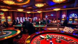 Players engaged in an exciting game at 123b casino, showcasing vibrant poker chips and luxurious atmosphere.