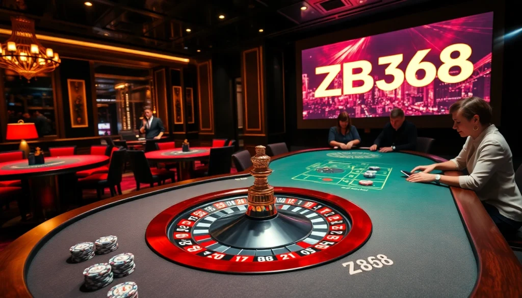 Players enjoying thrilling games at ZB368 casino with vibrant roulette and poker tables.