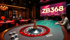 Players enjoying thrilling games at ZB368 casino with vibrant roulette and poker tables.