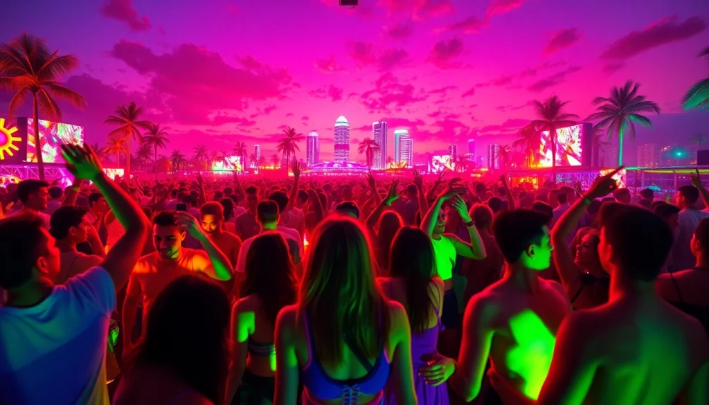 Experience the vibrant energy of a miami rave with lively dancers and colorful lights.