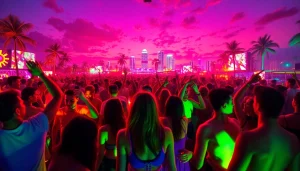Experience the vibrant energy of a miami rave with lively dancers and colorful lights.