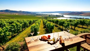 Appreciate stunning vineyards in Clarksburg CA with picturesque scenery and a lovely wine tasting setup.