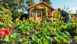 Gardening enthusiast caring for a vibrant vegetable garden under bright sunlight.