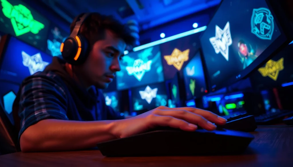 Engaged gamer at https://www.mas4games.com with high-tech gear and vibrant LED lights.
