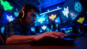 Engaged gamer at https://www.mas4games.com with high-tech gear and vibrant LED lights.