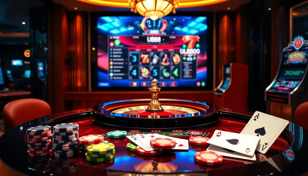 Winning at U888 casino table with poker chips and bright slot machines.