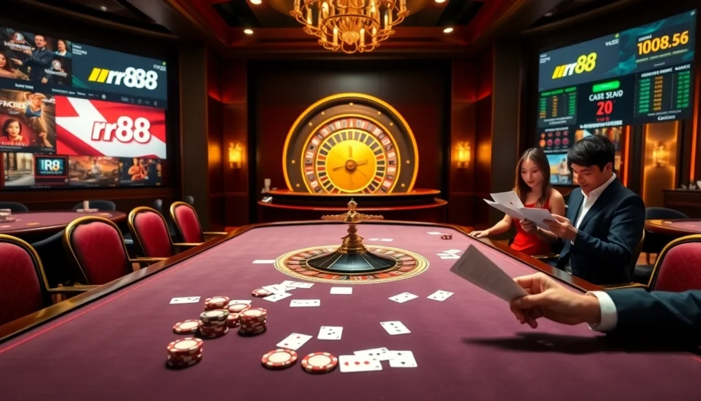 Engage in high-stakes gaming at rr88 with poker chips and a roulette wheel, highlighting excitement.