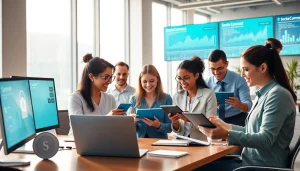 Scotia Connect platform in a modern office setting, showcasing professionals managing finances and reports.