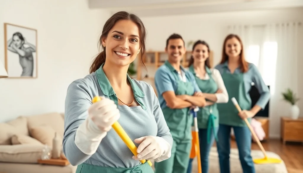 Cleaning service team actively cleaning a bright home, showcasing professionalism and attention to detail.