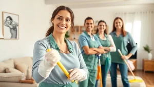 Cleaning service team actively cleaning a bright home, showcasing professionalism and attention to detail.