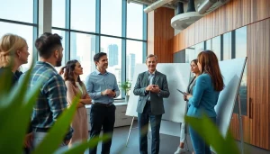 Business coach near me facilitating a vibrant workshop with professionals in a modern office.