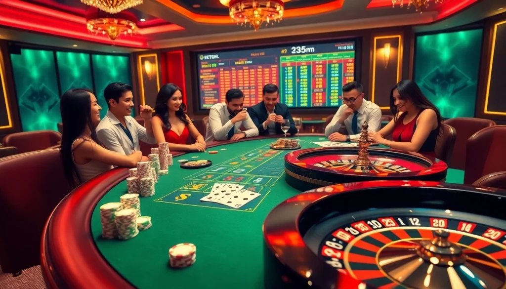 Engaged players enjoying a thrilling session at nhà cái bet88's luxurious online casino, showcasing poker chips and betting action.