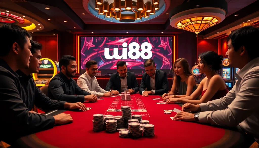 A thrilling uu88 poker game setting with players engaged, featuring luxurious casino elements.