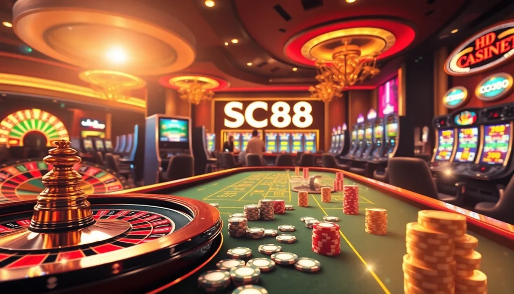Experience excitement at SC88 casino with vibrant slot machines and poker tables.