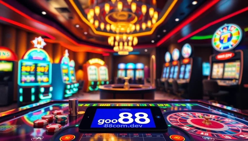 Experience thrilling gameplay at go88com.dev with a luxurious casino scene featuring dynamic slot machines and poker chips.
