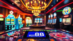 Experience thrilling gameplay at go88com.dev with a luxurious casino scene featuring dynamic slot machines and poker chips.