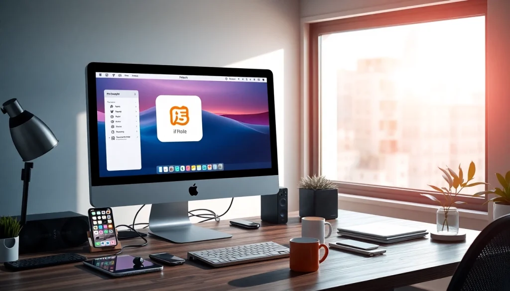 Professional workspace with 爱思助手 software on desktop, showcasing iOS devices management.