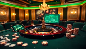 Experience the thrilling atmosphere of RR88's casino with vibrant roulette tables and engaging gambling interfaces.