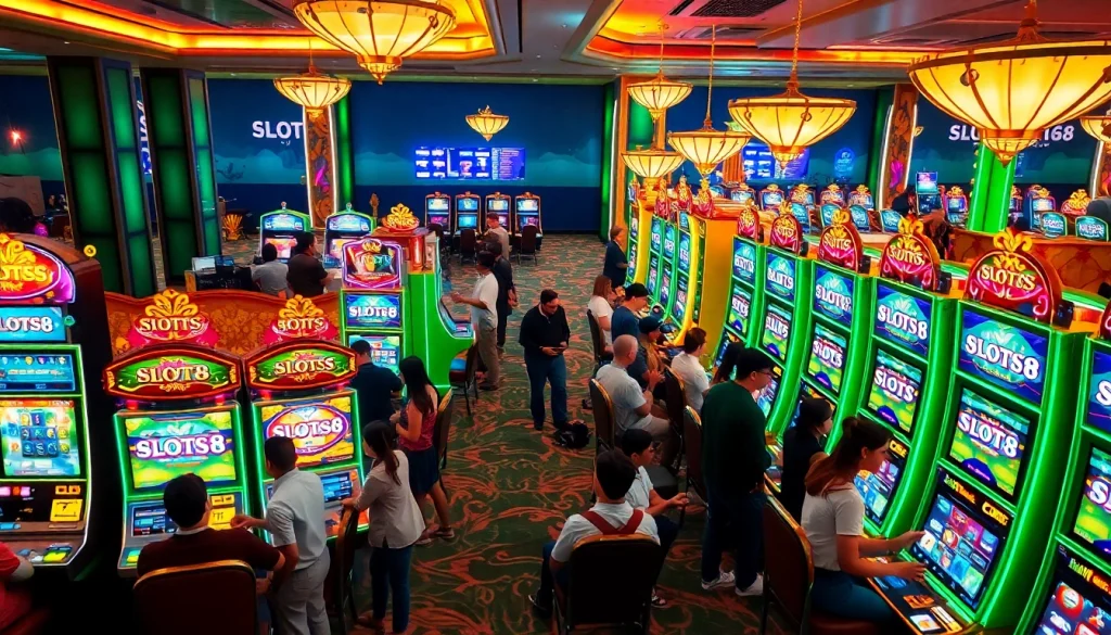 Players engaging with SLOTS8 slot machines in a vibrant casino setting filled with lights and excitement.