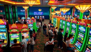 Players engaging with SLOTS8 slot machines in a vibrant casino setting filled with lights and excitement.