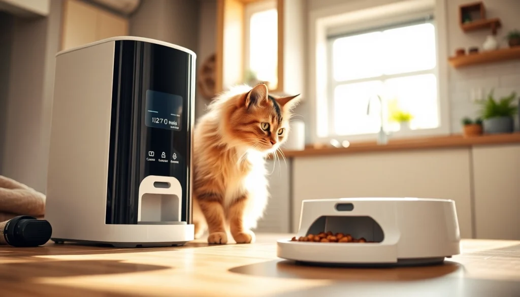 Cat interacting with an automatic cat feeder in a bright kitchen, emphasizing meal scheduling.