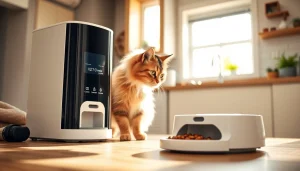 Cat interacting with an automatic cat feeder in a bright kitchen, emphasizing meal scheduling.
