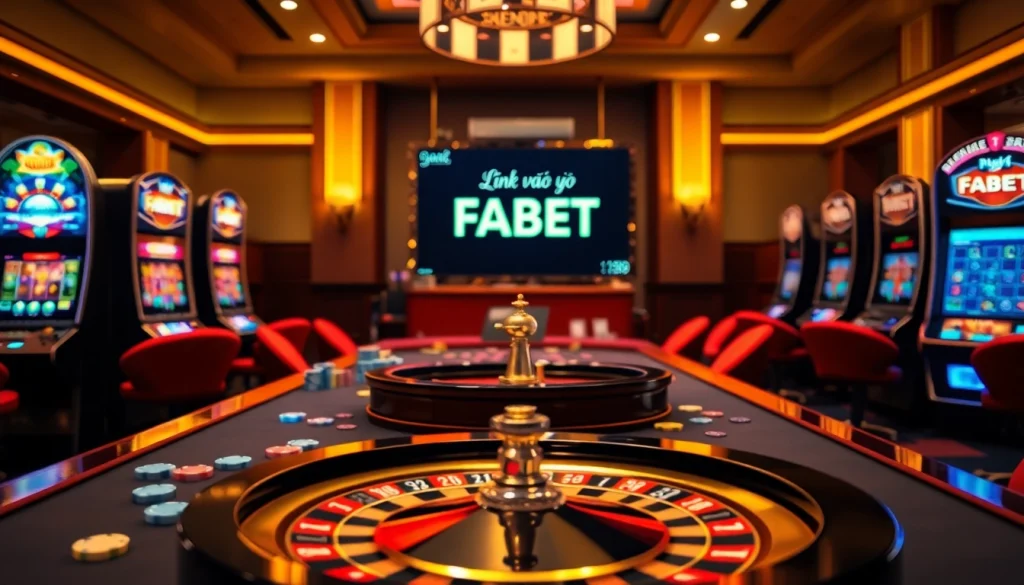 Experience thrilling gameplay with Link vào FABET highlighted in an inviting casino setting filled with vibrant slot machines and roulette.
