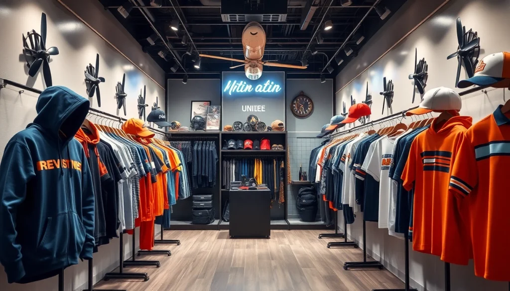 FLY88 aviation-inspired apparel showcased in a vibrant storefront setting