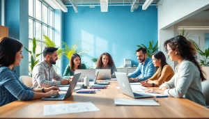 Creative team at an Agency collaborating in a modern workspace with natural lighting.