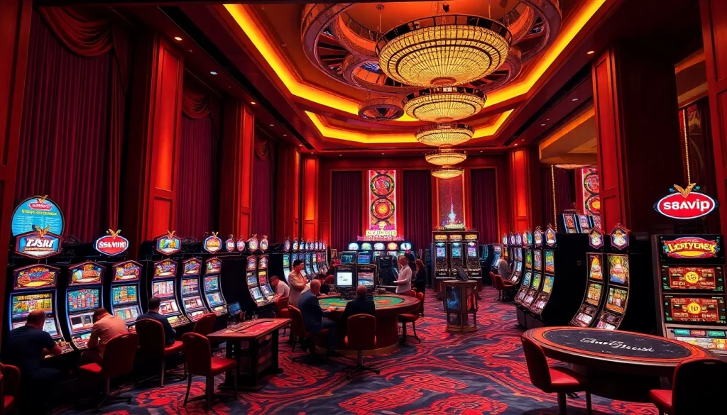 S88vip players enjoying a thrilling casino experience with vibrant slot machines and poker tables.