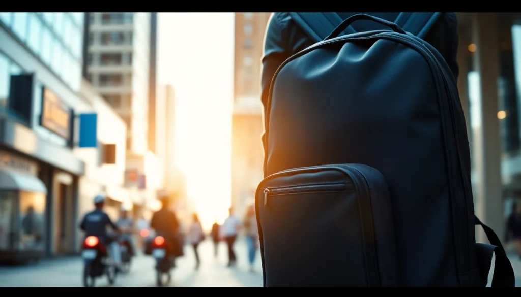 Wasserdichter Rucksack Laptop für Damen und Herren stilvoll präsentiert in urbanem Umfeld.
