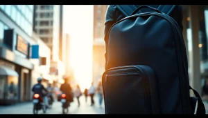 Wasserdichter Rucksack Laptop für Damen und Herren stilvoll präsentiert in urbanem Umfeld.