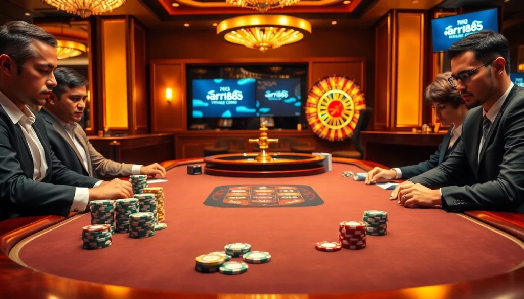 High-stakes poker game featuring rr88 elements, vibrant chips, and a roulette wheel.