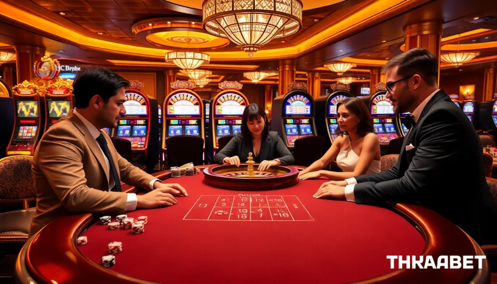 Engaged players enjoying a thrilling poker game at THABET casino with vibrant atmosphere.