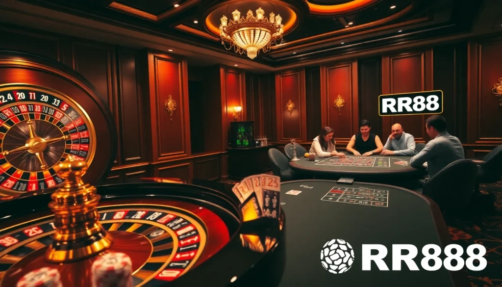 RR88 players enjoying exciting roulette and blackjack games in a luxury casino environment.
