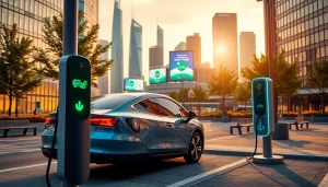 Showcasing EV charging news with a futuristic electric vehicle charging at a modern station.