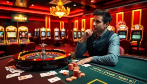 Engaged player placing bets at MM88 online casino with roulette wheel and vibrant casino atmosphere.