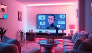 Engaging in an AI sex chat with charming virtual character in cozy room.